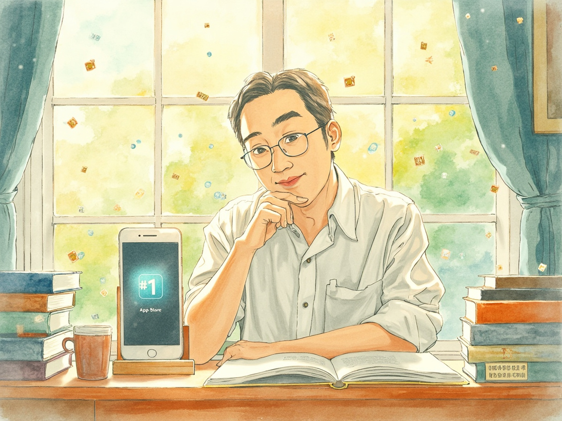 一个不写代码的人坐在桌前，面前手机显示 AppStore 付费榜 Top 1，周围是写好的技术书