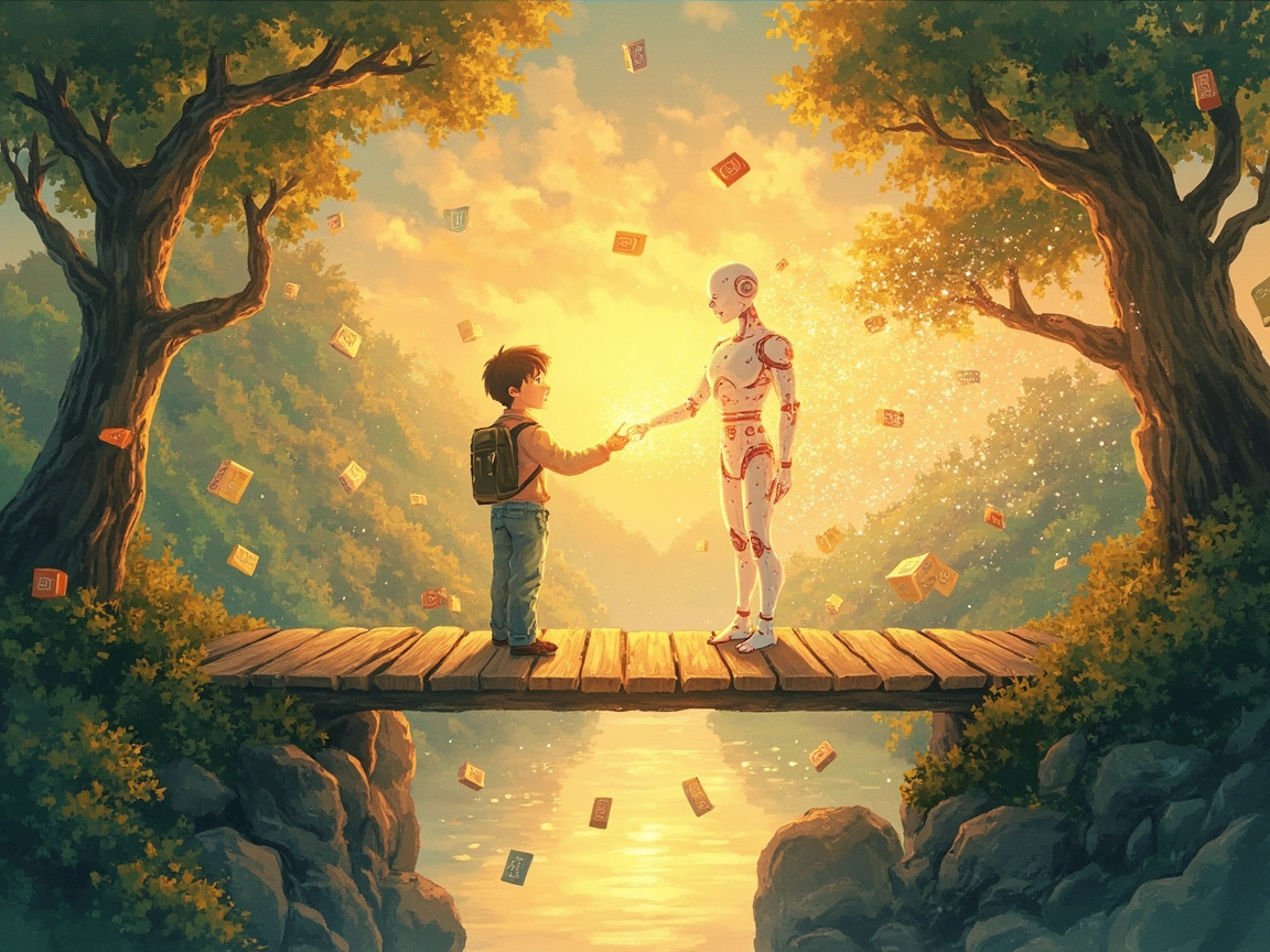 开发者站在代码之桥的一端，向对岸的发光AI精灵伸出手，两人之间是温暖的信任之光，照亮了整个协作空间
