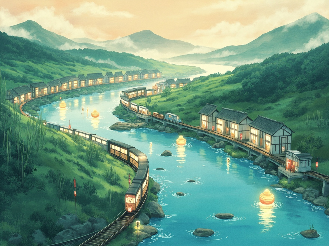 持久化checkpoint机制图：蜿蜒的数据河流从山间流出，河岸两侧是PostgreSQL服务器机房建筑，河中有checkpoint浮标标注编号，Agent列车在河流上运行，每节车厢都载着数据
