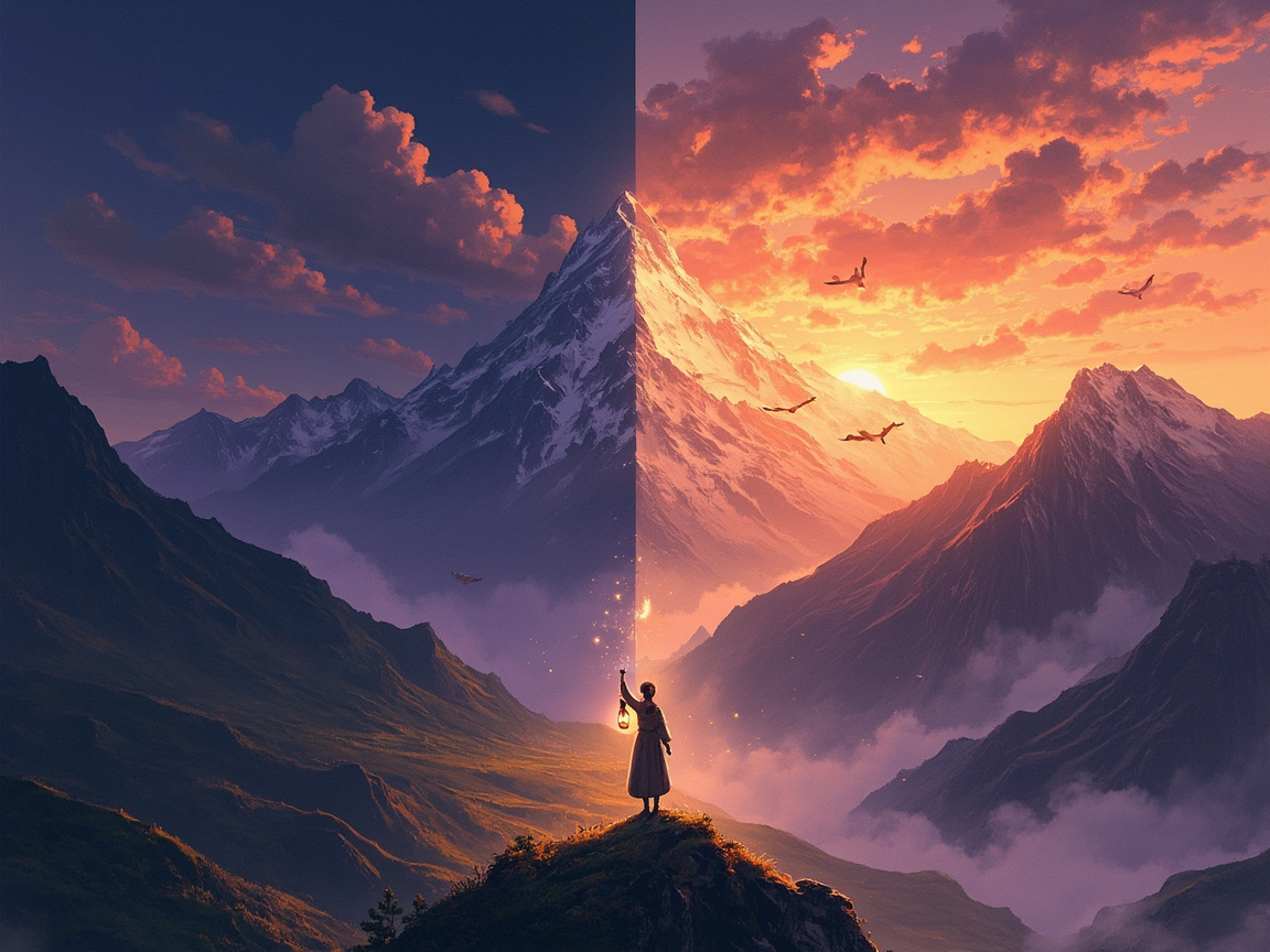 一幅分屏式构图：左侧，一个戴眼镜的人透过一盏昏黄的小油灯观察远处的群山，看到的只是一座平缓的小丘；右侧，同样的人摘下眼镜后，眼前的群山展现为巍峨壮阔的山脉，连绵的山峰直入云霄，隐藏的山谷清晰可见，明亮的水晶光芒照亮整个天际。