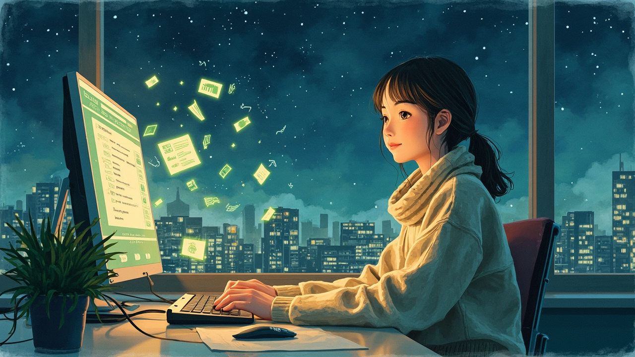深夜办公室里,一位年轻程序员正对着电脑屏幕露出自信微笑,屏幕上是一个稳定运行的AI agent系统,周围漂浮着各种代码符号和简报文档,窗外是城市夜景,暗示凌晨加班但系统稳如泰山的意境