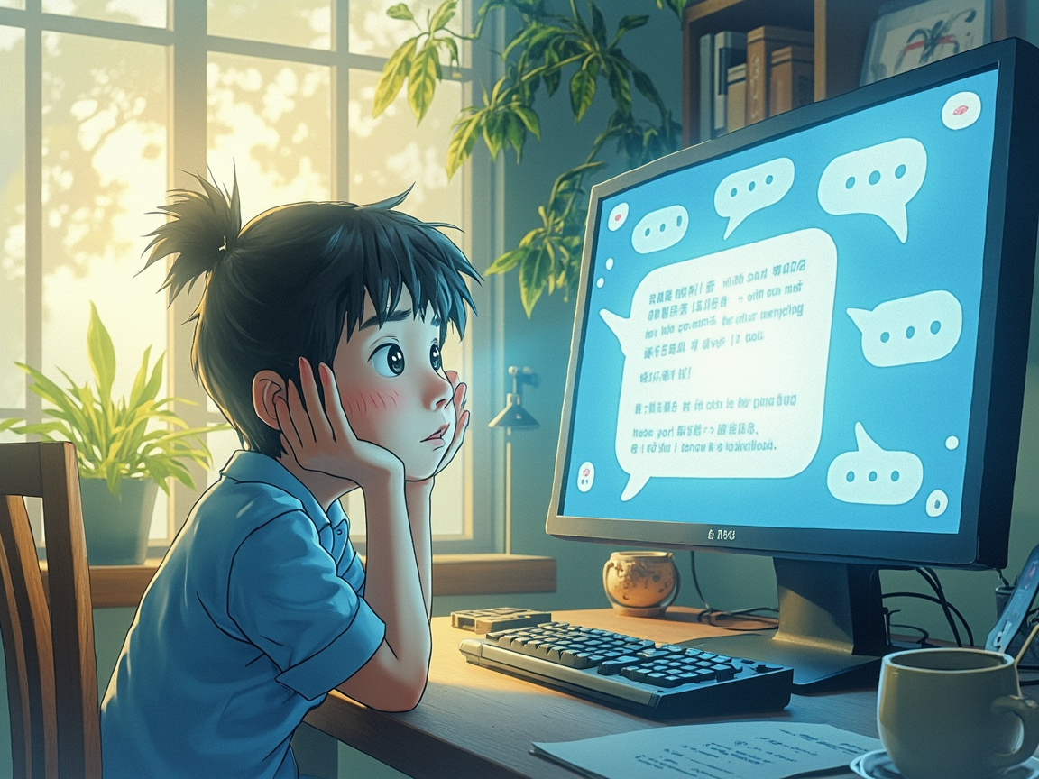 一个年轻人沮丧地坐在电脑前，屏幕上是一个闪烁的对话框，旁边漂浮着模糊的气泡状回答，房间弥漫着淡淡的失望感。