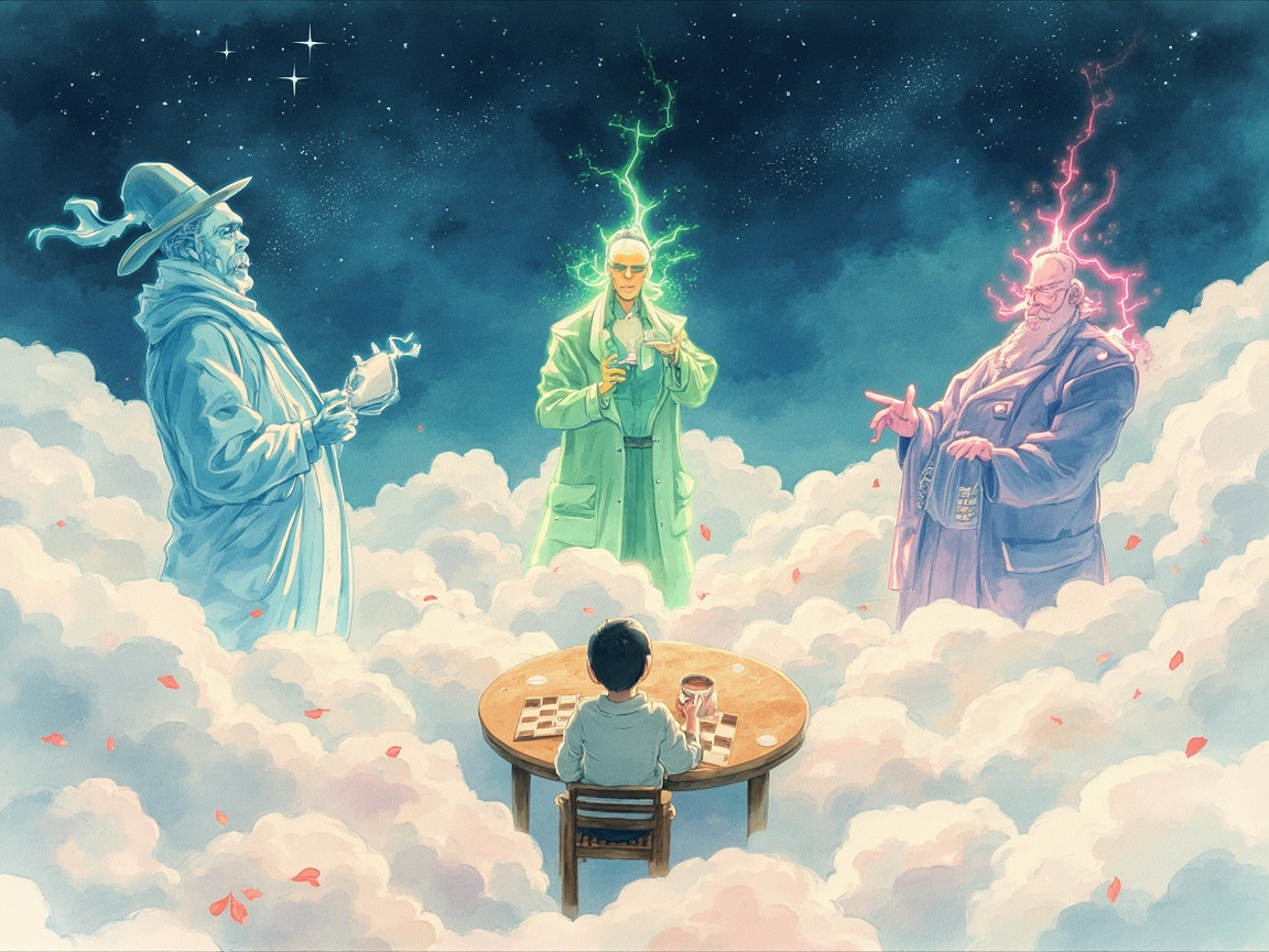 一个人面对多个不同形态的 AI 助手，每个助手展现不同的专业角色形象