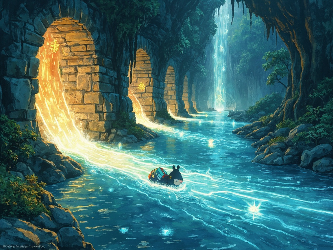 数据像水流一样在管道中快速流动，展示了系统提示词缓存的工作原理