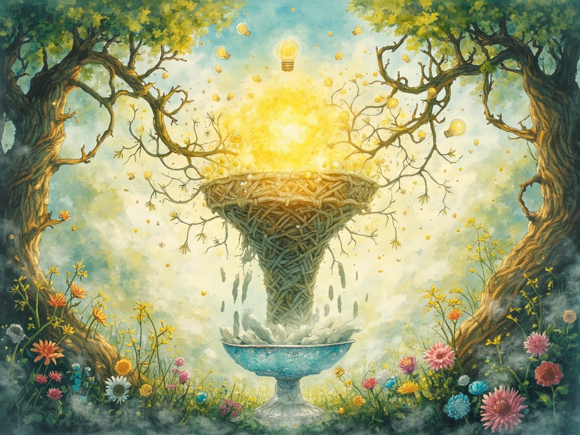 头脑风暴产生的无数创意灯泡如同蒲公英种子飘散,经过巨大的验证过滤器漏斗,只留下最优质的想法如发光的宝石般落下