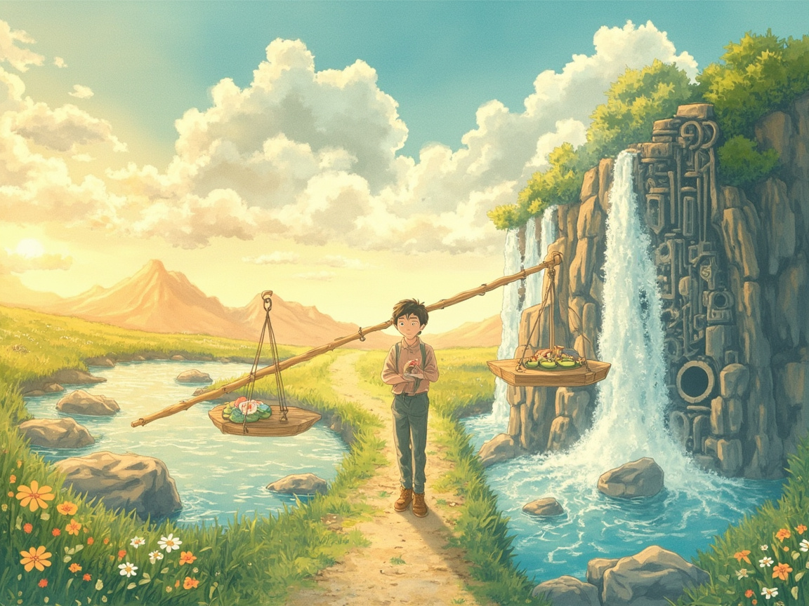 一位程序员站在分岔路口的天平前,一边是简单任务如平静的湖面和一朵小花,另一边是复杂工作流如汹涌的瀑布和巨大齿轮