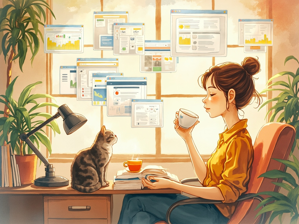 一位年轻女性产品经理在她的工作台前，背后是多个浏览器标签页在Codex App的侧边栏中同时运行，她正在从容地喝茶，周围的标签页在后台安静地工作着