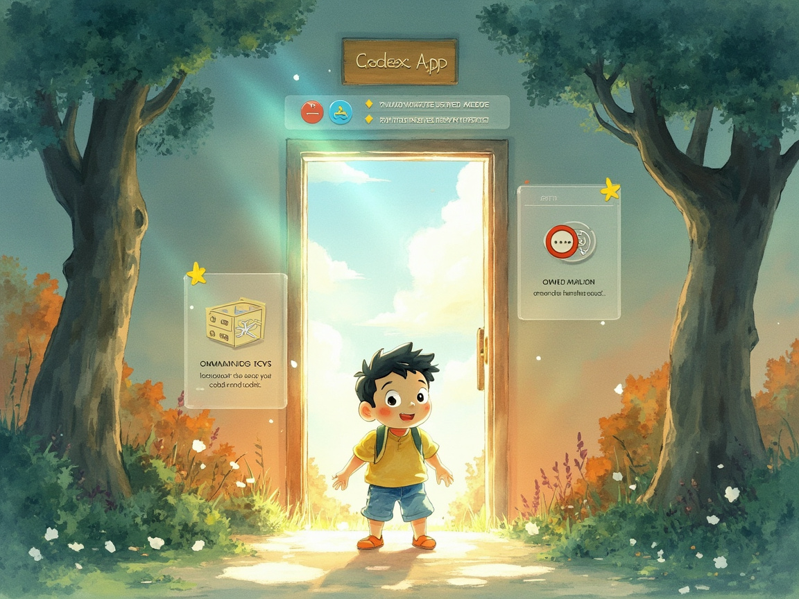 一位新手用户打开Codex App，第一个弹出的界面显示了Appshots截图功能和侧边栏浏览器的图标，周围有友好的光点指引，入口处是一扇打开的门，象征着easy entry