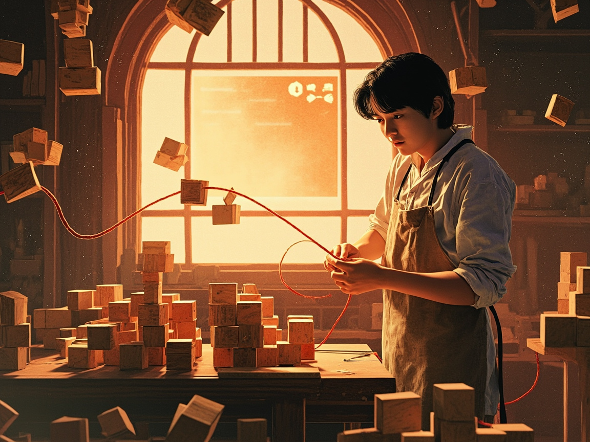吉卜力风格的魔法工坊内景。一位系着围裙的工匠在工作台前组装浮空的木质插件模块，如同拼接立体拼图。一根发光的红线（Cordis）穿过所有方块，将它们彼此串联。背景的拱形窗内嵌着一扇发光的浏览器窗口，像一扇通往虚拟世界的门。