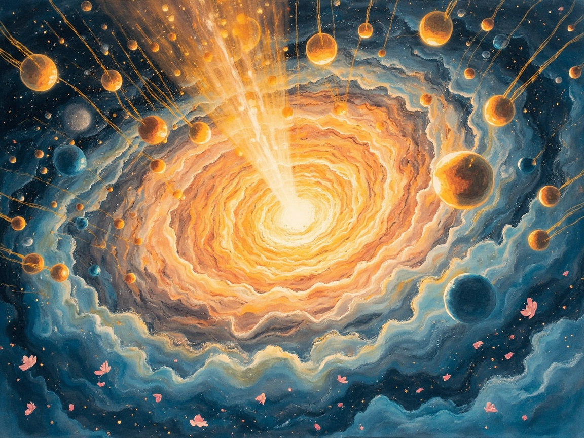 人才双向流动图,深渊中多道光流汇聚成发光的漩涡