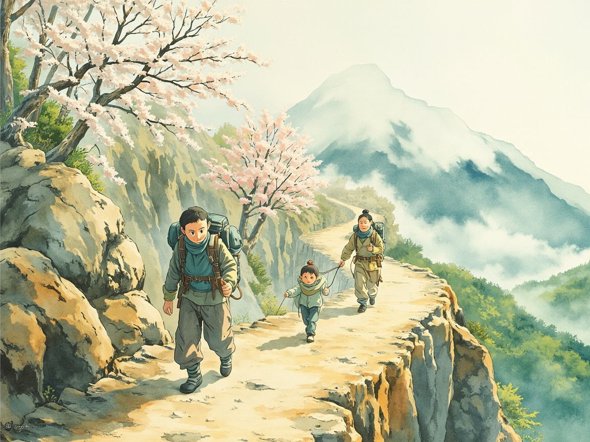同一条蜿蜒山路，三个不同时期的旅人：少年攀爬、青年行走、长者引导
