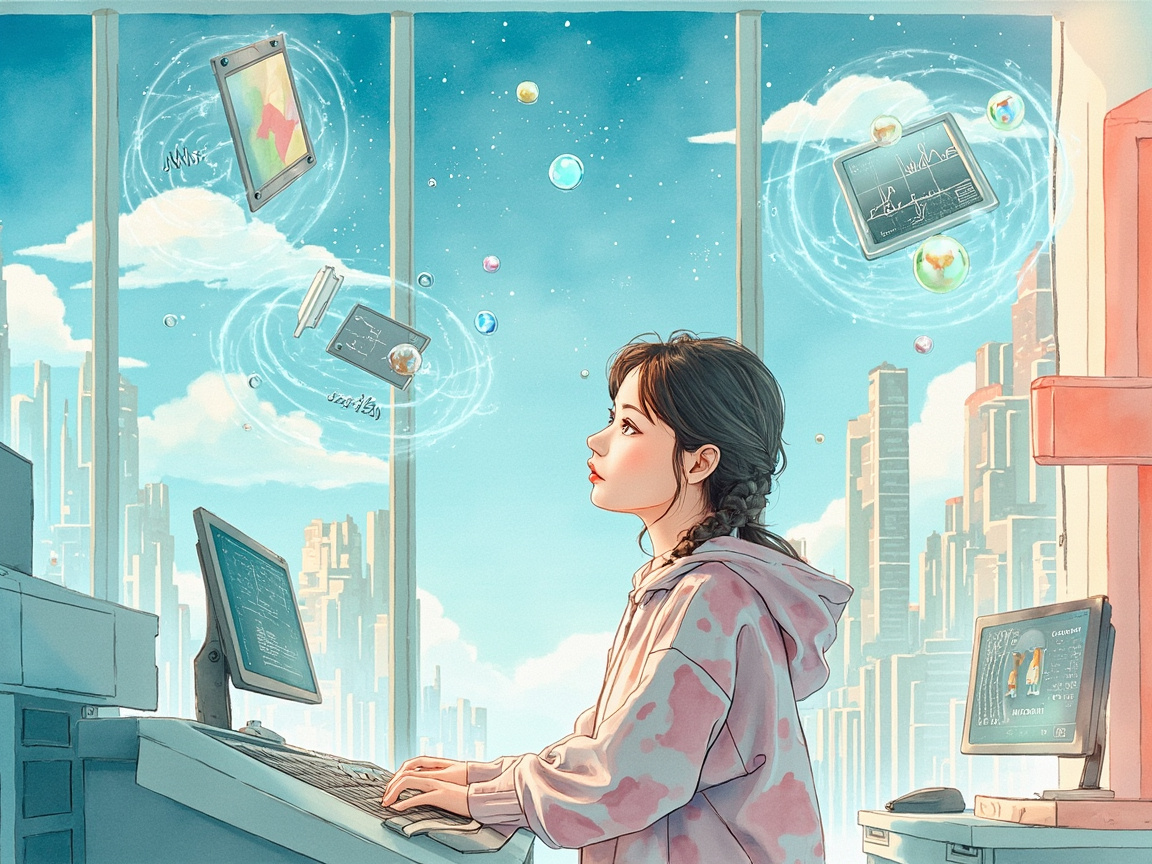 创作者站在融合控制台前，周围悬浮着视频、图像、音频、交互界面的图标元素，背景是科技感的城市天际线