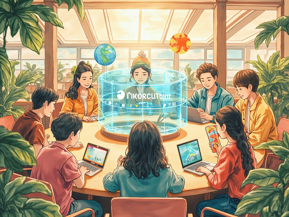 不同国家的创作者们围坐在圆形协作桌前，各自的设备无缝连接到中央的全息Gemini界面，桌面上散落着视频缩略图