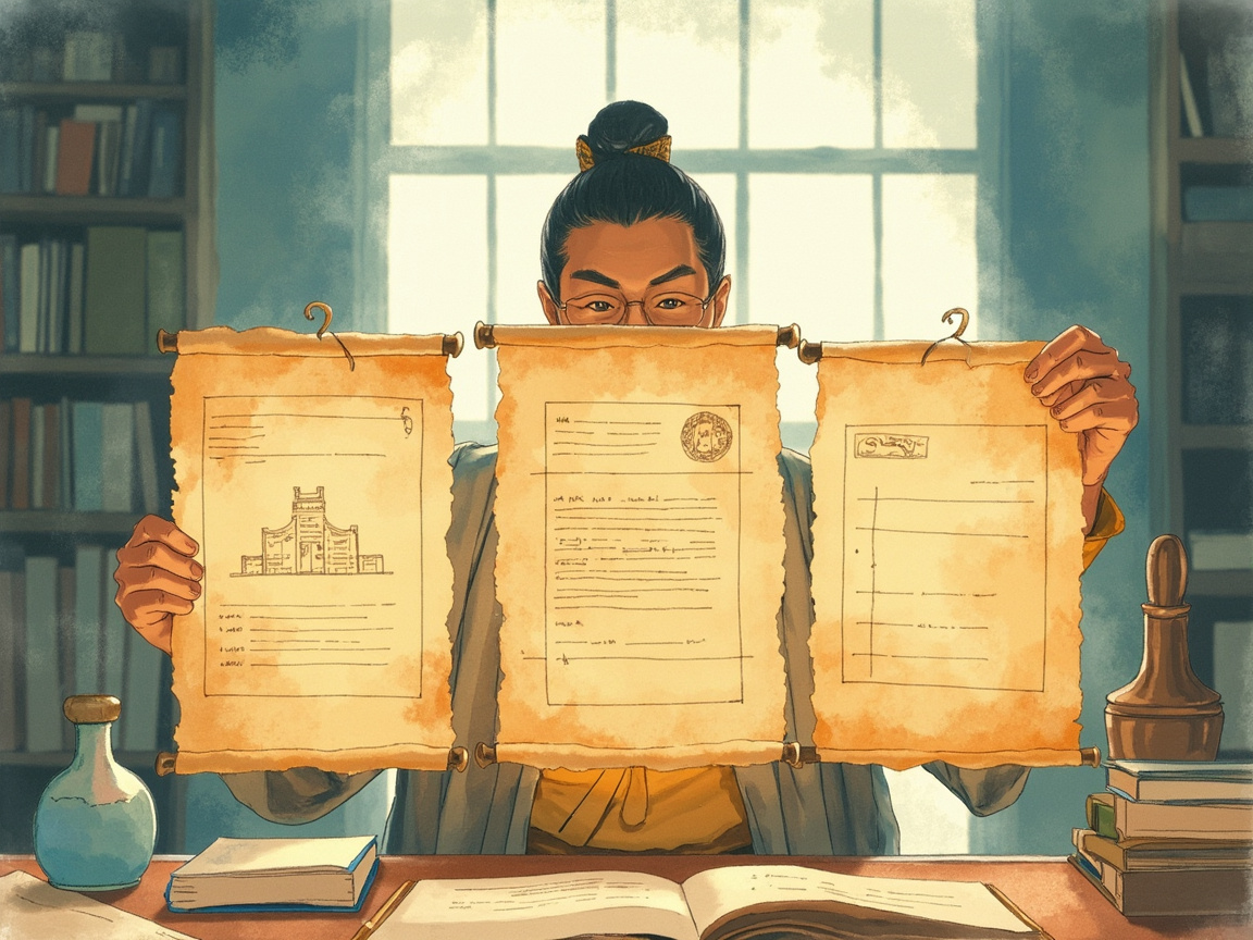 学者在窗前展开数张透明卷轴，每一层都展示清晰可审计的中间产物。