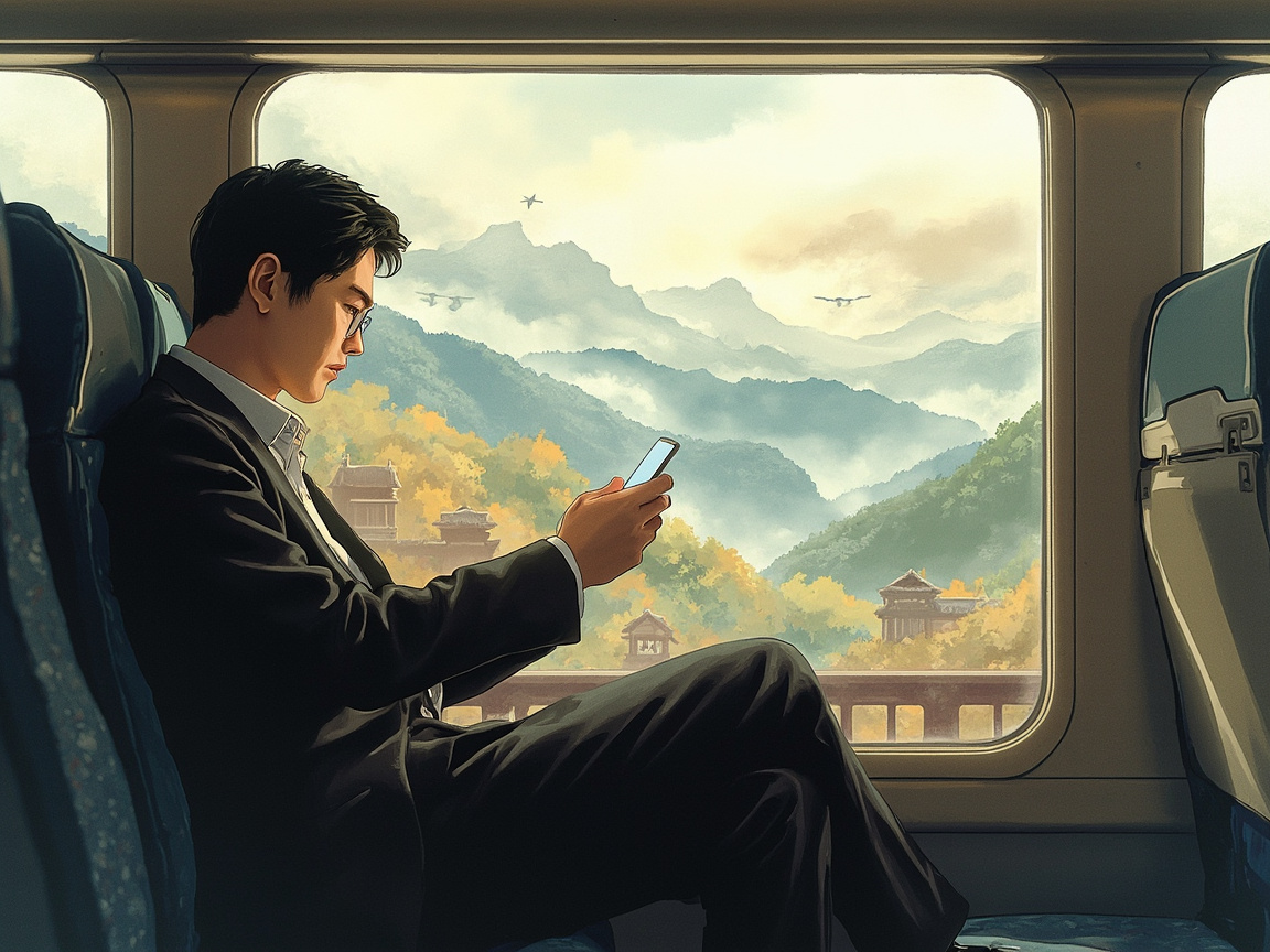 一个行色匆匆的上班族坐在通勤列车座位上,漫不经心地瞥了一眼手中发着微光的小屏幕,随即满足地把它塞回口袋,视线空洞地移开。身后的车窗之外,一片辽阔而未被探索的山水正在后退——层叠的远山、未踏足的森林、隐约的古老建筑——他完全没看见。画面色彩对比强烈:屏幕冷光灰白,车窗外是水彩晕染的丰富自然色,暗示错过的深度。