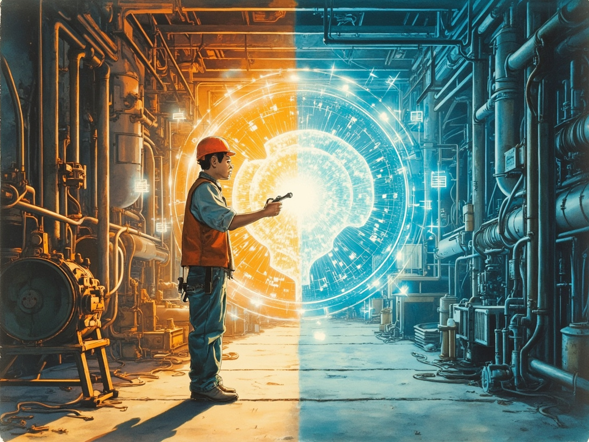 一个人站在工厂车间和现代数字界面的交界处，左手接过一线工人递来的扳手和零件，右手将数据接入发光的AI系统，身体连接着真实操作与数字能力。
