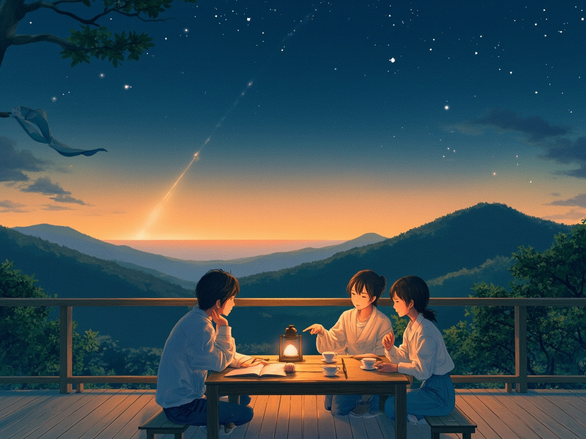 朋友围坐露台，暮色天空中一颗星格外明亮