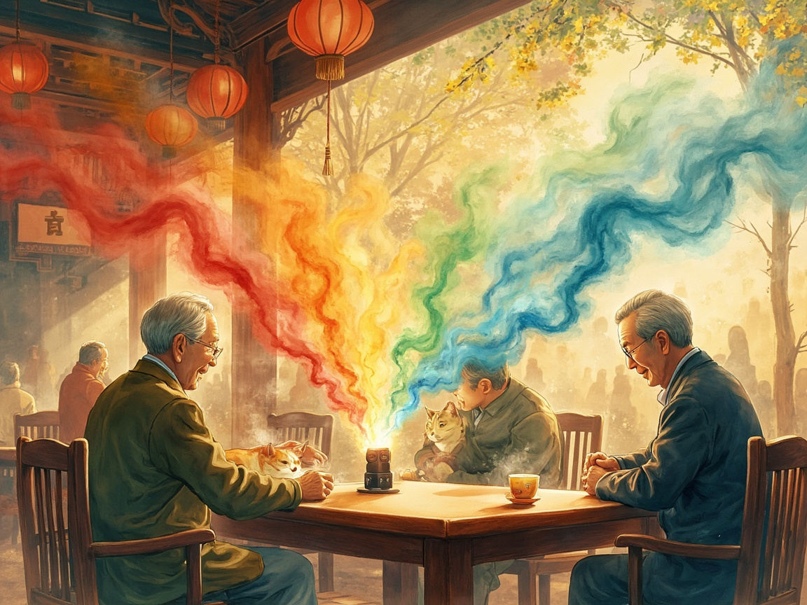 热闹的南方茶馆里,几位老人各说各的方言,话语化作不同颜色的柔光一同汇入桌上一个小小发光的设备